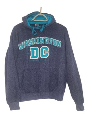 Washington DC Graphic Hoodie M Blue Teal Applique Embroidered Sleeve Sweatshirt